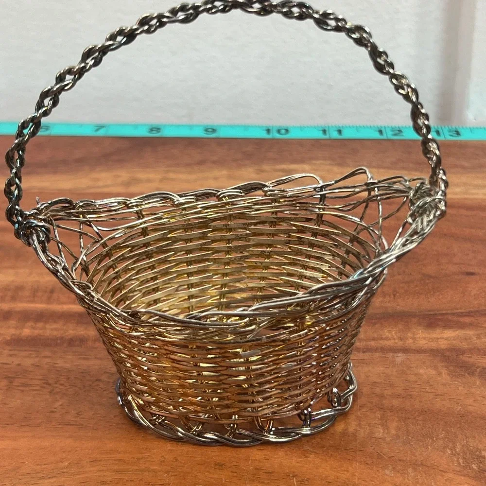 Vintage Miniature Woven Wire Basket Mixed Metal Silver Gold Tone Trinket Decor